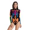 Carnaval de Halloween 2024 Producto Nuevo Traje de Gimnasia Ajustado con Estampado de Calavera Colorida Traje de Baño de Manga Larga para Mujer