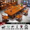 Juego de Mesa de Té Grande y Sillas de Madera Maciza, Una Mesa y Cinco Sillas, Madera Natural, Estilo Chino Nuevo, Mesa de Té para el Hogar, Estación de Preparación de Té para Oficina, Todo en Uno