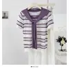 Top de punto con rayas, cuello redondo, manga corta, estilo chal, bloques de color, dulce y femenino, estilo de verano fino, adelgazante y rejuvenecedor para mujer
