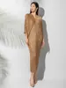 Vestido Outono Feminino 2025 Nova Moda Elegante Estampagem a Quente Manga Morcego Solto Tamanho Grande Longo Justo ao Corpo Saia