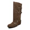 Botas de Cavaleiro Femininas que Aumentam a Altura, Botas Longas de Cano Alto, Novo Estilo Coreano Outono-Inverno, Botas de Salto Alto com Fivela de Couro Bovino Integral, Botas Retas Femininas de Couro Genuíno