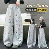Pantalones de chándal grises para niños con estampado de gato tipo graffiti dibujado a mano, nuevo estilo de otoño para niñas, cintura elástica con cordón, pantalones casuales curvos