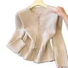 Suéter con diseño de volantes y cordón de estilo suave para mujer, nuevo modelo otoño/invierno 2026, cárdigan de punto top adelgazante que ciñe la cintura