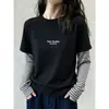 Camiseta de Manga Larga con Patchwork de Rayas, Falso Dos Piezas, Algodón Puro, Hombro Normal, para Mujer, Moda de Gama Alta, Versátil, Color Gris Oscuro, Otoño