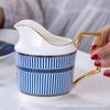 Juego de taza y platillo de café de porcelana de hueso de estilo británico, tetera con flores para el té de la tarde británico, taza de desayuno de cerámica pintada de azul y dorado.