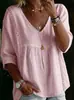 2026 Nueva Moda Transfronteriza para Mujer Suéter de Encaje con Cuello en V Color Sólido Casual Manga Tres Cuartos Blusa