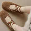 Novos Sapatos de Pelo Planos que Aumentam a Altura com Tiras Cruzadas Mary Jane Femininos Sapatos de Ballet Quentes com Forro de Lã de Cordeiro