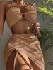 Conjunto de Tres Piezas 2023 Nuevo Primavera y Verano Estilo Europeo y Americano Color Sólido Moda Ajustado Traje de Baño para Mujer Sexy Transfronterizo Cuello Halter