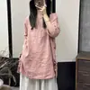 Top de Algodón y Lino para Mujer de Comercio Exterior de Verano, Retro de Ramio, Cuello Redondo, Holgado, Manga Siete Puntos, Panelado Dividido, Longitud Media