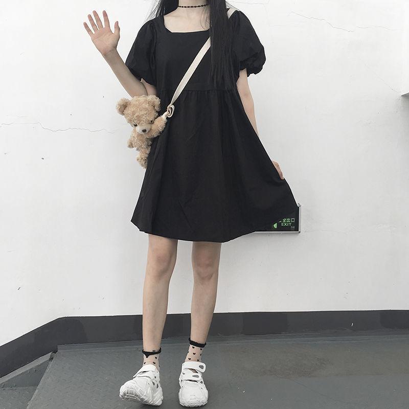 帮手SKU图-新款2020夏季韩版宽松短袖方领连衣裙女学生宽
