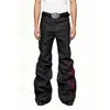 Jeans Acampanados Negros y Rojos Bordados de Calle Estilo Americano para Hombre, Diseño Único, Pantalones Rectos Geniales y Amplios, Modernos