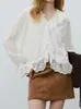 Camisa Elegante Relajada de Manga Larga con Cuello en V Fruncido de Encaje Pesado Estilo Romántico/Francés de Tencel Countonme