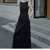 MoneeChEncounter ParísLino Vestido negro sin mangas estilo Hepburn francés, adelgazante y entallado en la cintura, vestido largo