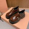 Versión de Piel de Vaca~ Hebilla Metálica Retro Nueva Piel Genuina Punta Redonda Suela Gruesa Tacón Grueso Zapatos de Piel para Mujer para Otoño e Invierno Mocasines