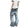 2026 Jeans de Trabajo de Mezclilla con Botones Estilo Americano High Street para Hombre, Retro, Lavados, Desgastados, Sueltos, Pierna Ancha