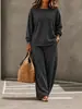 Conjunto de punto para mujer europeo y americano transfronterizo con cuello redondo, hombros caídos, manga larga y pantalones de pierna ancha de cintura alta, ajuste holgado, para ir al trabajo y estar en casa