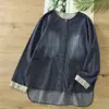 Camisa Retrô Elegante de Algodão Puro Jeans com Gola Redonda e Botões Escondidos para Mulheres, Jaqueta Solta Simples com Patchwork Floral de Outono