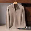 Cardigã de cashmere plano espesso de 12 pontos de alta qualidade para homens, 100% cashmere puro, gola alta, jaqueta de tricô com zíper