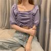 Verano nuevo retro elegante adelgazante suéter corto con cordón para mujer diseño casual top de manga corta