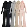 Conjunto de Sudadera con Capucha y Mangas Largas de Punto Nuevo Otoño 2026 para Mujer, Chaqueta de Cremallera de Color Sólido + Pantalones Acampanados Levanta Glúteos de Yoga
