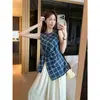 Coleira Matinal Design Xadrez Azul Colete Sem Manga para Mulheres Verão Fenda Irregular Emagrecedor Versátil Slim Fit Top Tendência