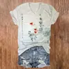 Roupa feminina manga curta gola V senso de design top peixe dourado aquarela impressão digital 3D casual peça única feminina sob encomenda