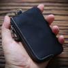Cartera corta de cuero genuino con cremallera para hombre, monedero de cuero de caballo loco, llavero de piel de vaca de primera capa, llavero para hombre
