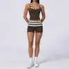 Shorts de Yoga a Rayas de Bloques de Color Estilo Europeo y Americano de Cintura Alta para Mujer, Conjunto de Ropa Deportiva Casual de Running y Fitness Falso de Dos Piezas
