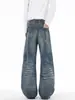 Jeans para hombre con parches desgastados y rotos falsos, estilo retro de la alta calle americana, corte holgado con diseño de orejas de gato, pantalones de pierna ancha
