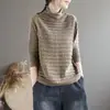 Fotos reais de suéteres de tricô casuais estilo coreano para mulheres, com listras horizontais, corte solto e design versátil