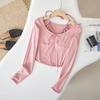 Otoño 2023 nueva ropa de mujer corte ajustado adelgazante diseño simple nicho falso de dos piezas halter manga larga camiseta top