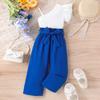 Ropa para Niños Baoxian Europea y Americana Primavera y Verano Multicolor Hombro Caído Tirantes Encaje Unilateral Top Pantalones con Cinturón Color Puro Traje de Moda