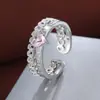 Anel de renda vintage com diamante principal em formato de coração, ouro rosa, renda oca, totalmente cravejado, anel aberto para dedo feminino
