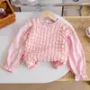 Sudadera de Color Sólido para Niña Otoño y Primavera Nueva Costura de Cuadros de Burbujas Manga Larga Superior Estilo Occidental Infantil Cuello Redondo Casual Ropa de Moda Infantil
