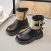 Botas Infantis Cano Baixo Super Macias Outono e Inverno Botas de Couro para Meninas Estilo Princesa Botas Forradas com Lã Fivela de Cinto Botas Curtas para Meninos Único