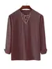 Camisa de Manga Larga Lisa con Cordón para Hombre, Estilo Europeo y Americano, de Algodón y Lino, Cuello Mao, Holgada, para Primavera y Otoño