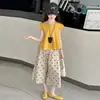 Conjunto Casual de Verano para Niñas 2026 Nuevo Elegante Conjunto de Dos Piezas con Pantalones de Pierna Ancha de Lunares para Niños Mayores Ropa de Verano de Moda