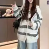 Cardigan de malha com capuz, blocos de cor listrados, solto, manga longa, chic coreano, outono e inverno, nicho, casual, jaqueta suéter para mulheres
