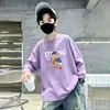 Camiseta casual de manga longa estilo coreano para meninos, 100% algodão, coleção primavera/outono 2026, gola redonda, corte solto, moderna