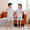 Pijama Infantil Algodão Puro Verão Novo Malha Roupas de Casa Meninos Manga Curta Shorts Meninas Macacões Bebê Roupas para Ar Condicionado