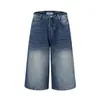 A103 Estilo Americano Calle Neutro Lavado Retro Azul Sentido de Alta Calidad Diseño de Bigotes de Gato Pantalones Cortos de Mezclilla Sueltos para Hombre