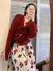 Traje de Vestido de Maternidad Otoño e Invierno Año Nuevo Cárdigan Rojo Estampado Tejido Moda Ropa de Invierno Ropa de Año Nuevo Conjunto de Dos Piezas