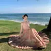 Eros Love Island Vestido Romântico de Férias Afunilado na Cintura Francês Assimétrico Afunilado na Cintura Vestido de Chiffon com Estampa Floral