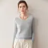 Camisa Clássica de Lã com Decote Coração para Mulheres Cor Sólida Simples Malha Camisa de Base Uma Linha Pronta para Vestir Suéter Sem Costura Manga Longa