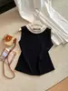 Blusa de Tricô Elegante Sem Mangas Estilo Francês para o Dia a Dia Verão 2026 Nova Versátil Emagrecedora Color Block Gola Drapeada Franzida