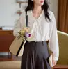 Camisa Larga de Encaje con Solapa Blanca y Cordones Off-Shoulder para Mujer Estilo Retro Francés Primavera