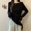 Top de punto asimétrico de manga larga para mujer talla grande, nuevo para otoño 2026, con cintura fruncida y plisados