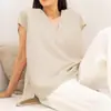 LiquidacióngangaEstilo Old Money Blusa de Lino Puro para Mujer, Manga Corta Casual, Específica para Exportación, Corta Adelante, Larga Atrás, Manga Corta de Verano