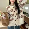 Estilo Coreano Outono e Inverno Novo Cardigã Tricotado Listrado de Cor Contrastante Estilo Preguiçoso Solto Design de Senso Nicho Suéter Feminino Top Feminino
