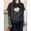 Camiseta de Manga Longa com Gola Redonda Falsa de Duas Peças Costuradas Derong para Mulheres, Fashionável e Versátil, Top Espesso e Quente, Camiseta de Camada Base para Primavera e Outono
